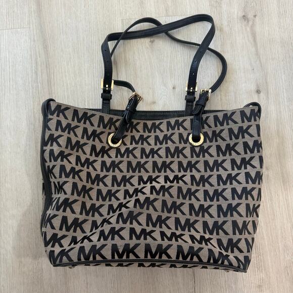Michael Kors Jet Set Signature Monogram Canvas Tote Bag Purse Black Tan - Picture 1 of 6